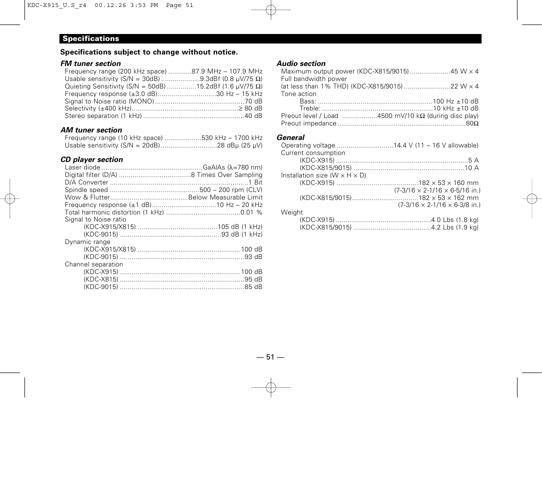 Specifications | Kenwood eXcelon KDC-X915 User Manual | Page 51 / 52