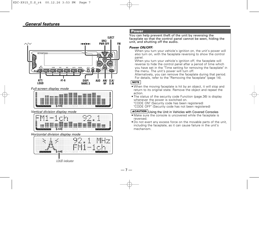 General features, Power | Kenwood eXcelon KDC-X915 User Manual | Page 7 / 52