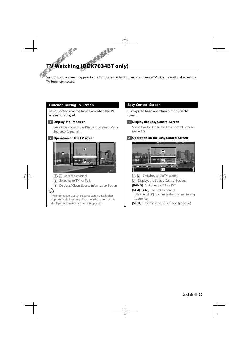 Tv watching (ddx7034bt only) | Kenwood DDX7034BT User Manual | Page 35 / 100