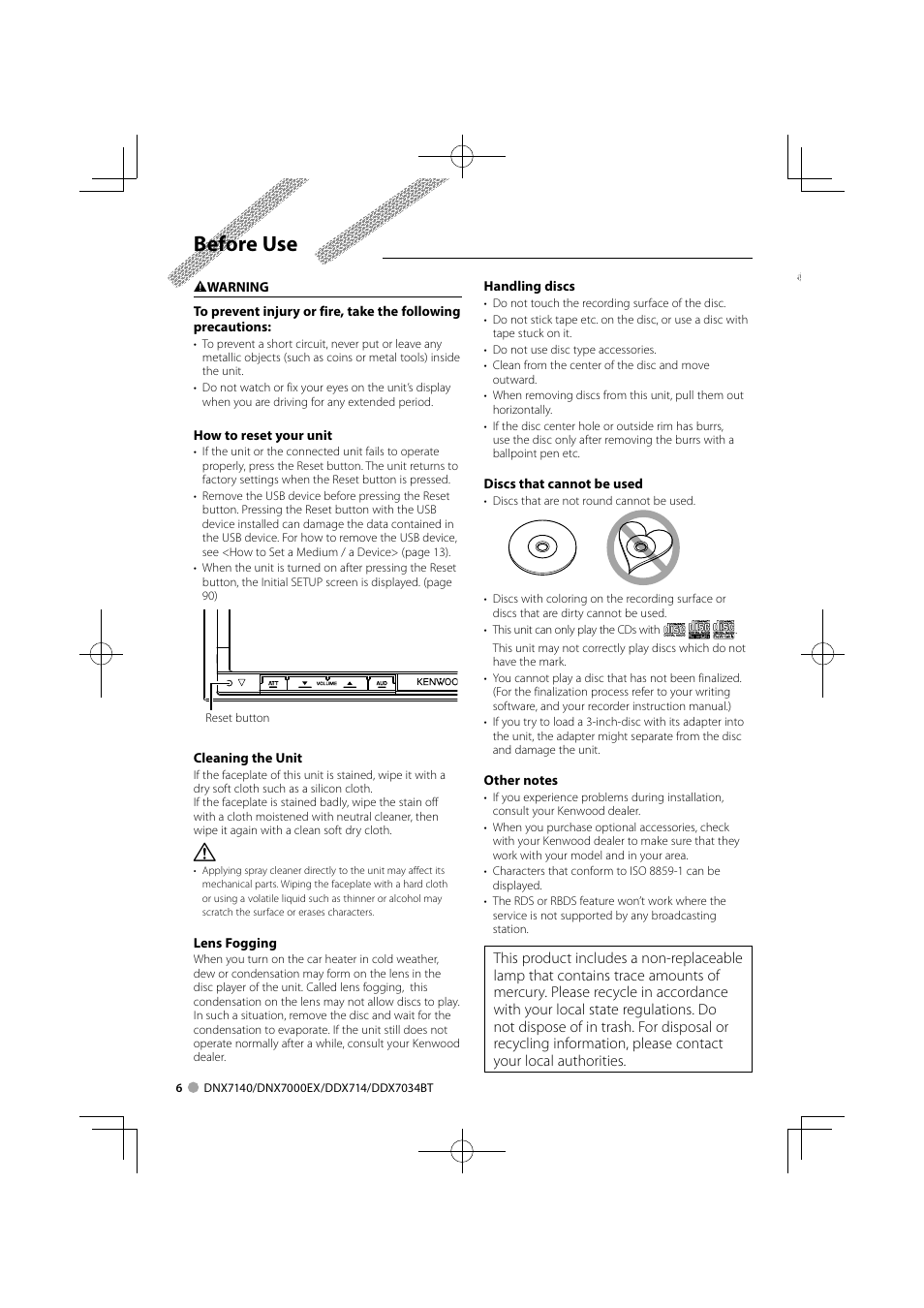 Before use | Kenwood DDX7034BT User Manual | Page 6 / 100