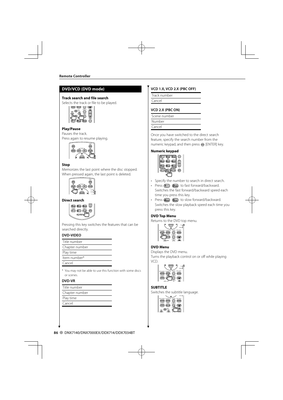 Dvd/vcd (dvd mode), Direct search, Enter] key. numeric keypad | Subtitle switches the subtitle language, Remote controller | Kenwood DDX7034BT User Manual | Page 86 / 100