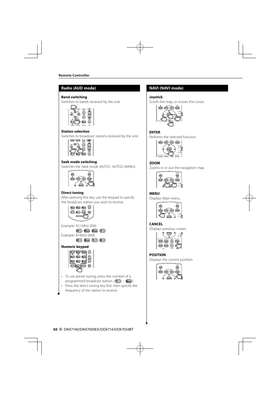 Navi (navi mode), Radio (aud mode), Joystick scrolls the map, or moves the cursor | Enter performs the selected function, Zoom zooms in or out the navigation map, Menu displays main menu, Cancel displays previous screen, Position displays the current position, Example: 92.1mhz (fm), Example: 810khz (am) | Kenwood DDX7034BT User Manual | Page 88 / 100