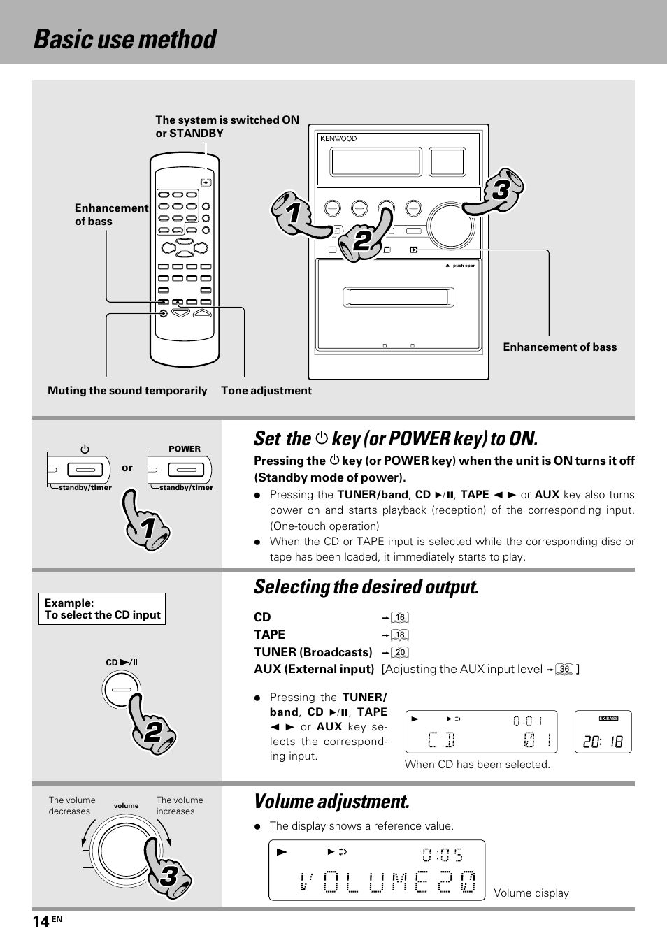 Basic section, Basic use method, Set the key (or power key) to on | Selecting the desired output, Volume adjustment | Kenwood HM-335 User Manual | Page 14 / 48