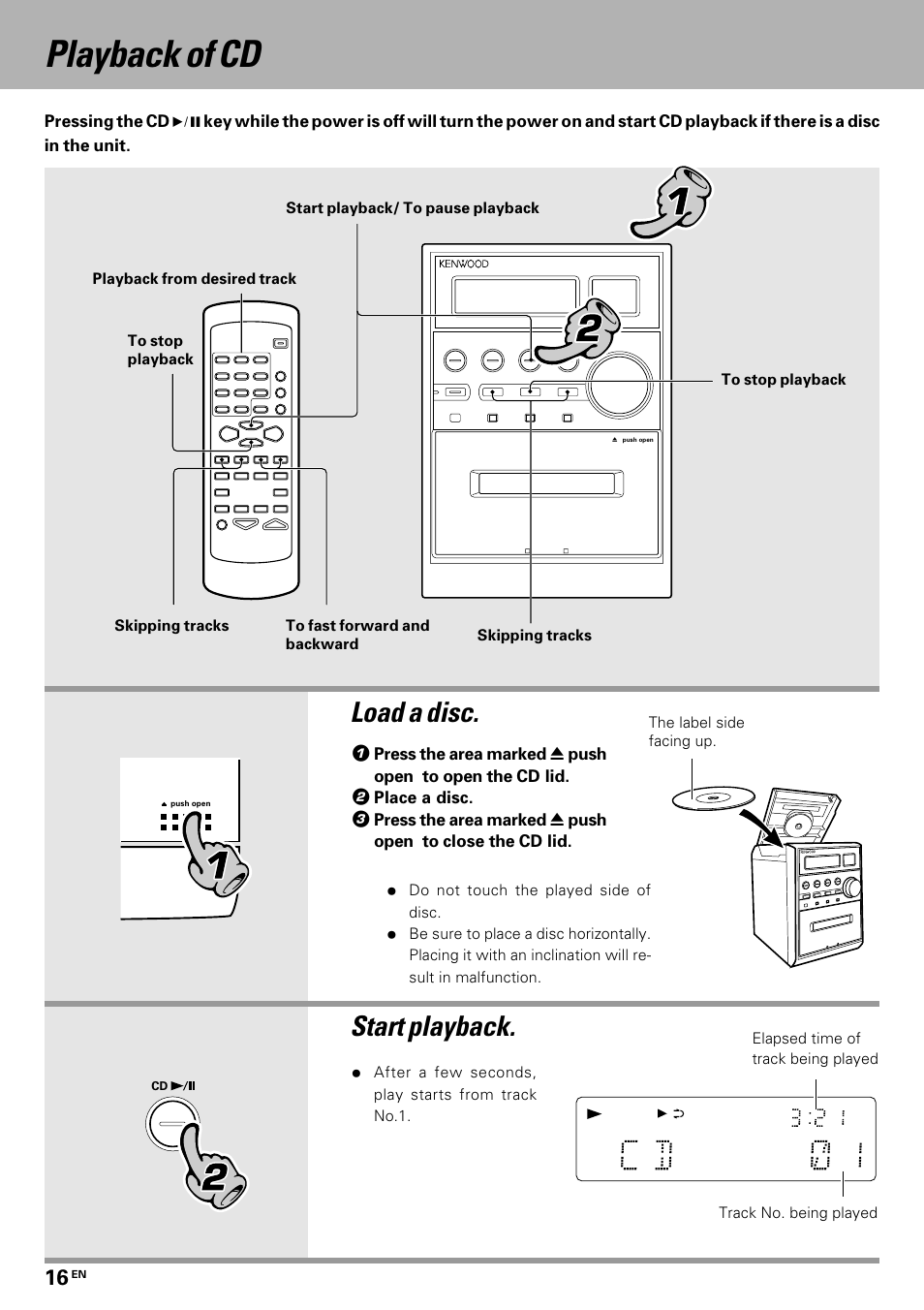 Playback of cd, Load a disc, Start playback | Kenwood HM-335 User Manual | Page 16 / 48