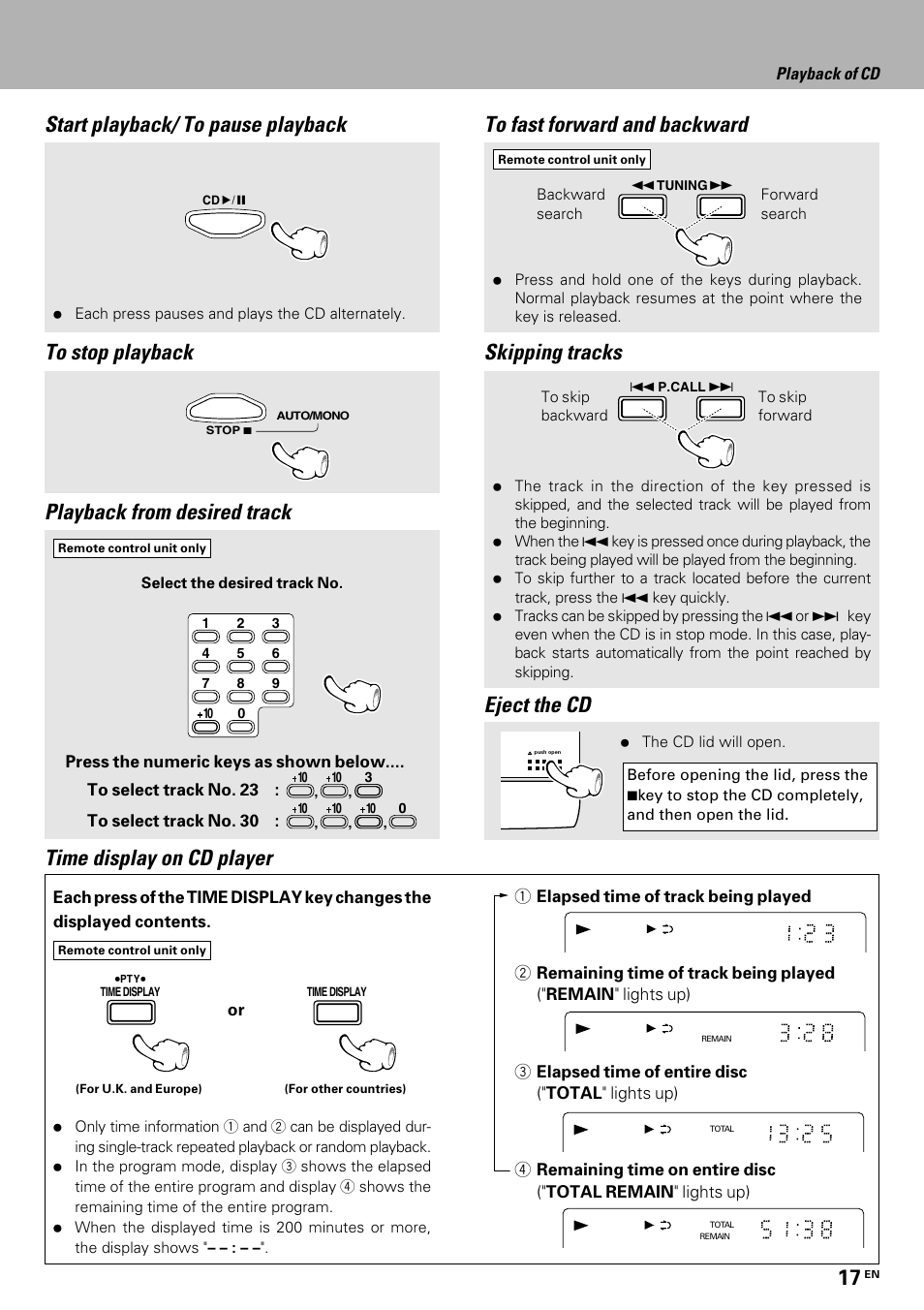 Start playback/ to pause playback, Playback from desired track, Time display on cd player | Kenwood HM-335 User Manual | Page 17 / 48