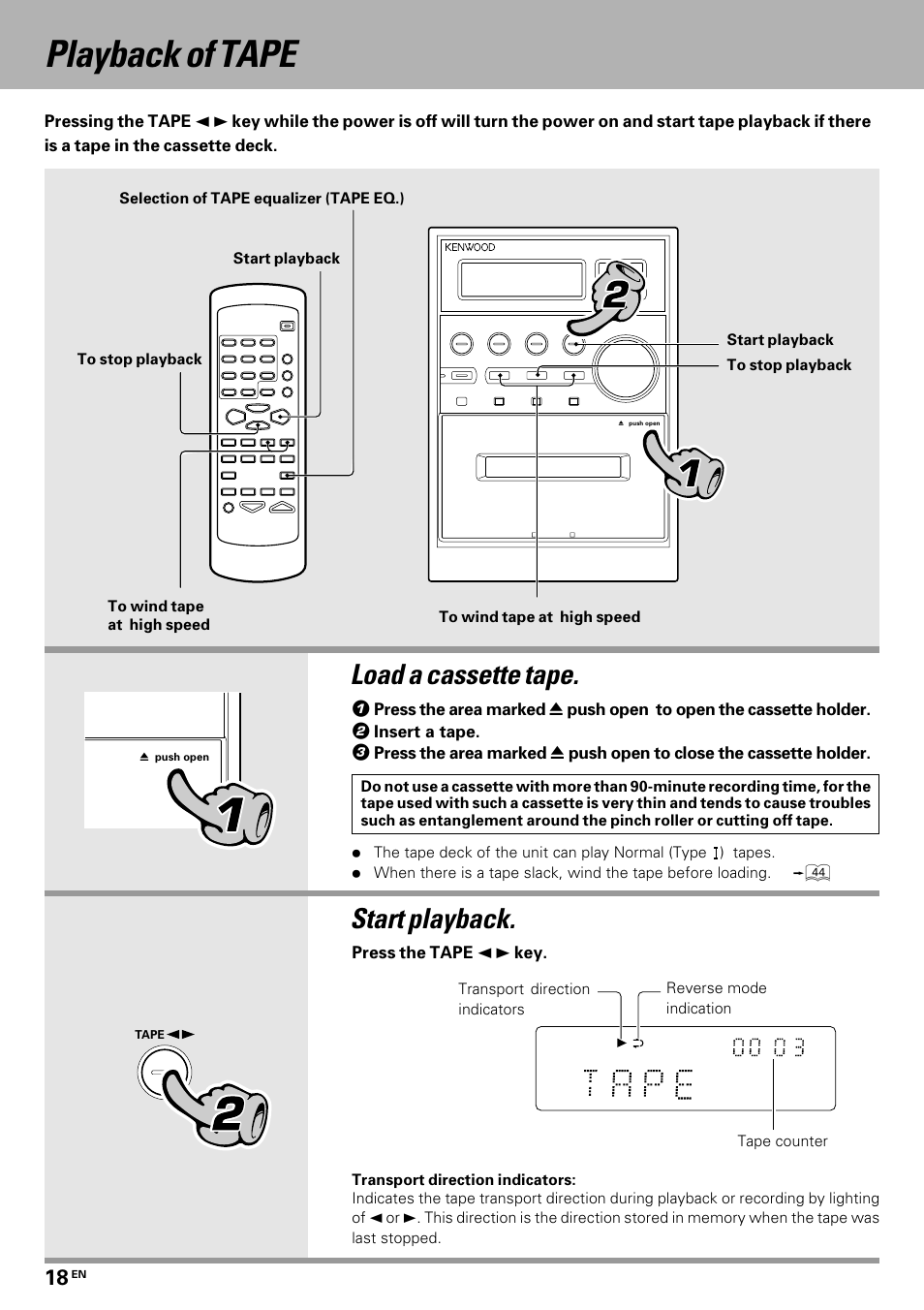 Playback of tape, Load a cassette tape, Start playback | Kenwood HM-335 User Manual | Page 18 / 48