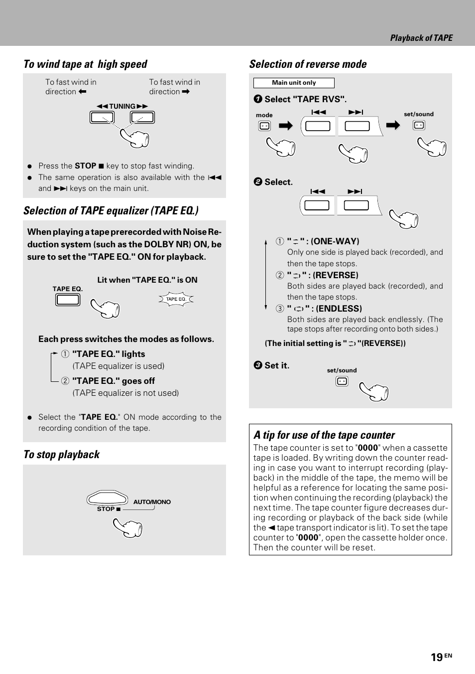 Selection of tape equalizer (tape eq.), Selection of reverse mode to stop playback, A tip for use of the tape counter | Kenwood HM-335 User Manual | Page 19 / 48