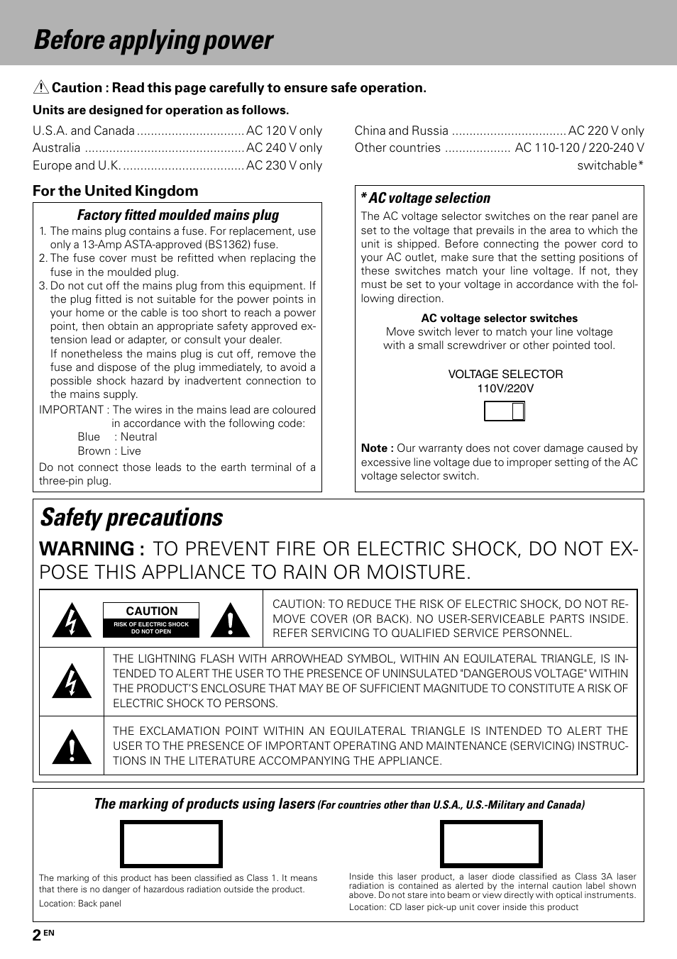 Preparation section, Before applying power, Safety precautions | Factory fitted moulded mains plug, Ac voltage selection, The marking of products using lasers | Kenwood HM-335 User Manual | Page 2 / 48