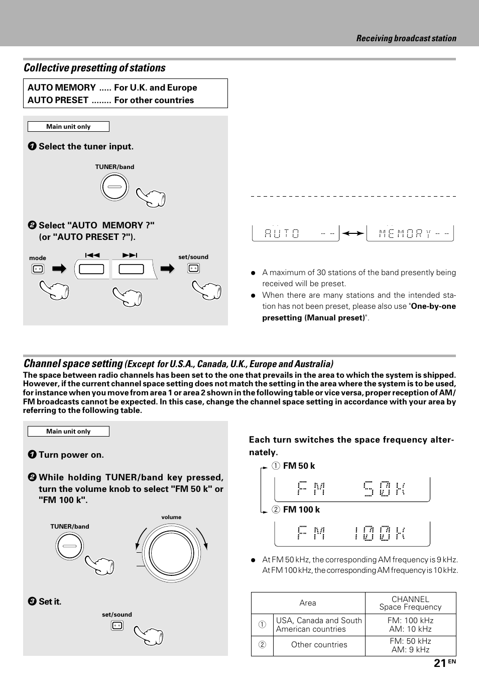 Collective presetting of stations, Channel space setting | Kenwood HM-335 User Manual | Page 21 / 48