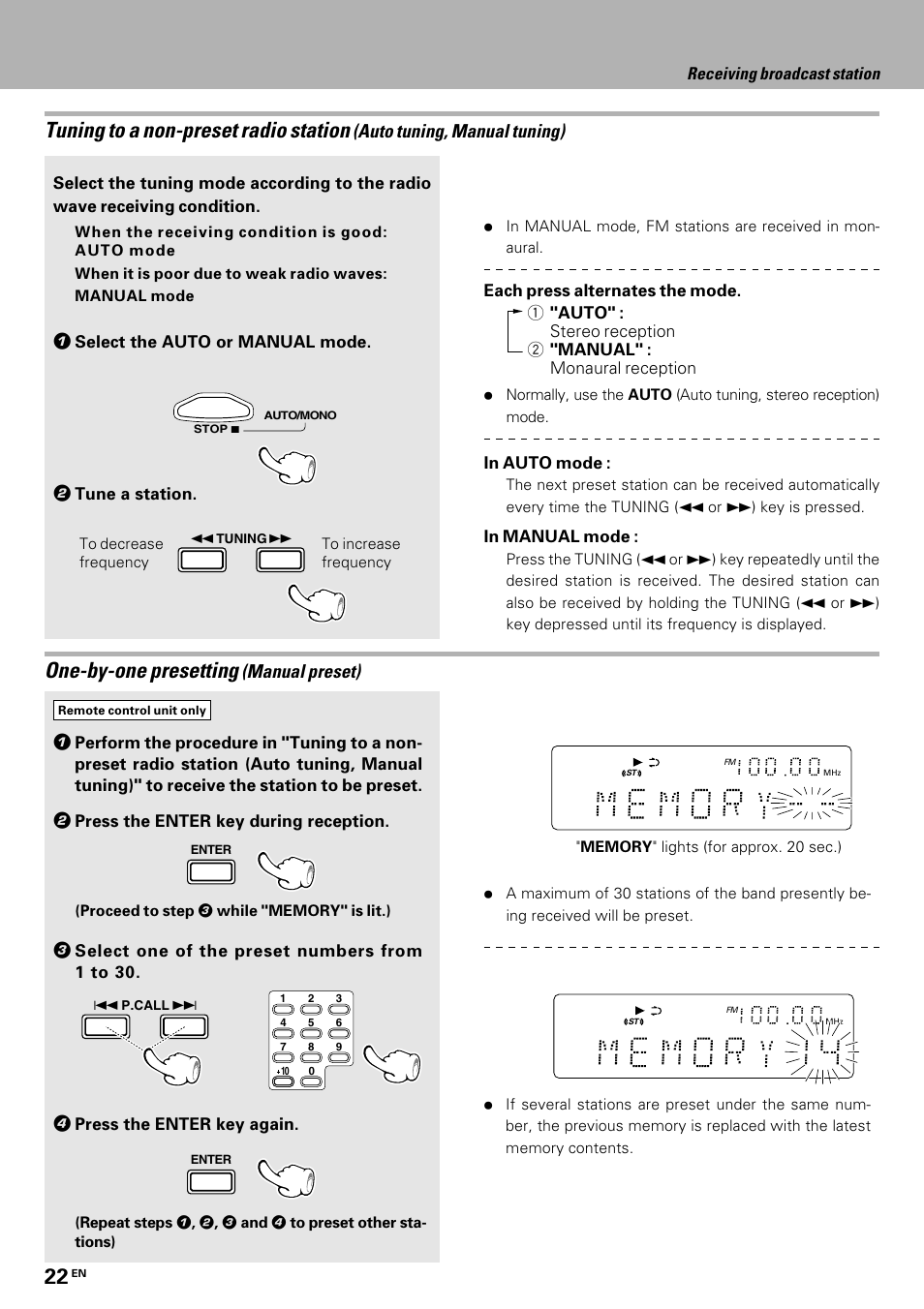 One-by-one presetting, Tuning to a non-preset radio station, Manual preset) 1 | Auto tuning, manual tuning) | Kenwood HM-335 User Manual | Page 22 / 48