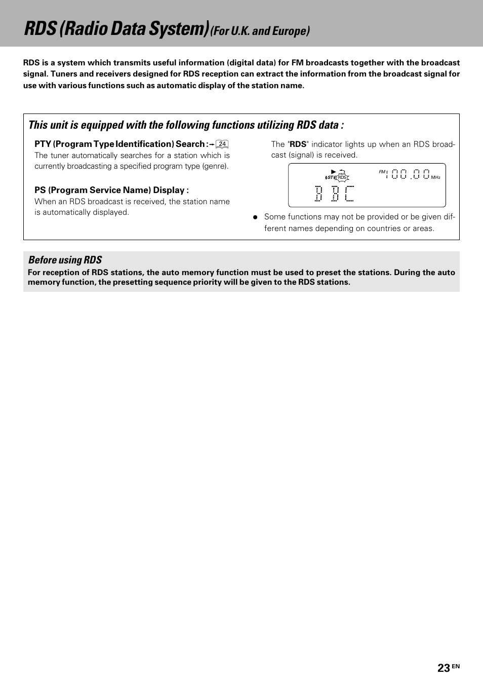 Rds (radio data system) (for u.k. and europe), Rds (radio data system), For u.k. and europe) | Before using rds | Kenwood HM-335 User Manual | Page 23 / 48