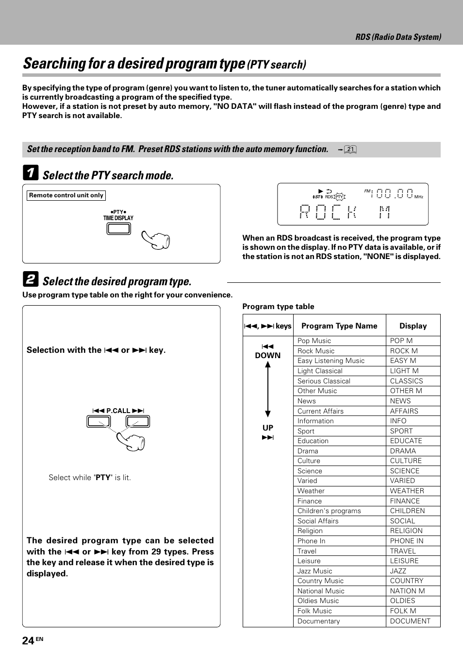 Searching for a desired program type, Pty search) | Kenwood HM-335 User Manual | Page 24 / 48