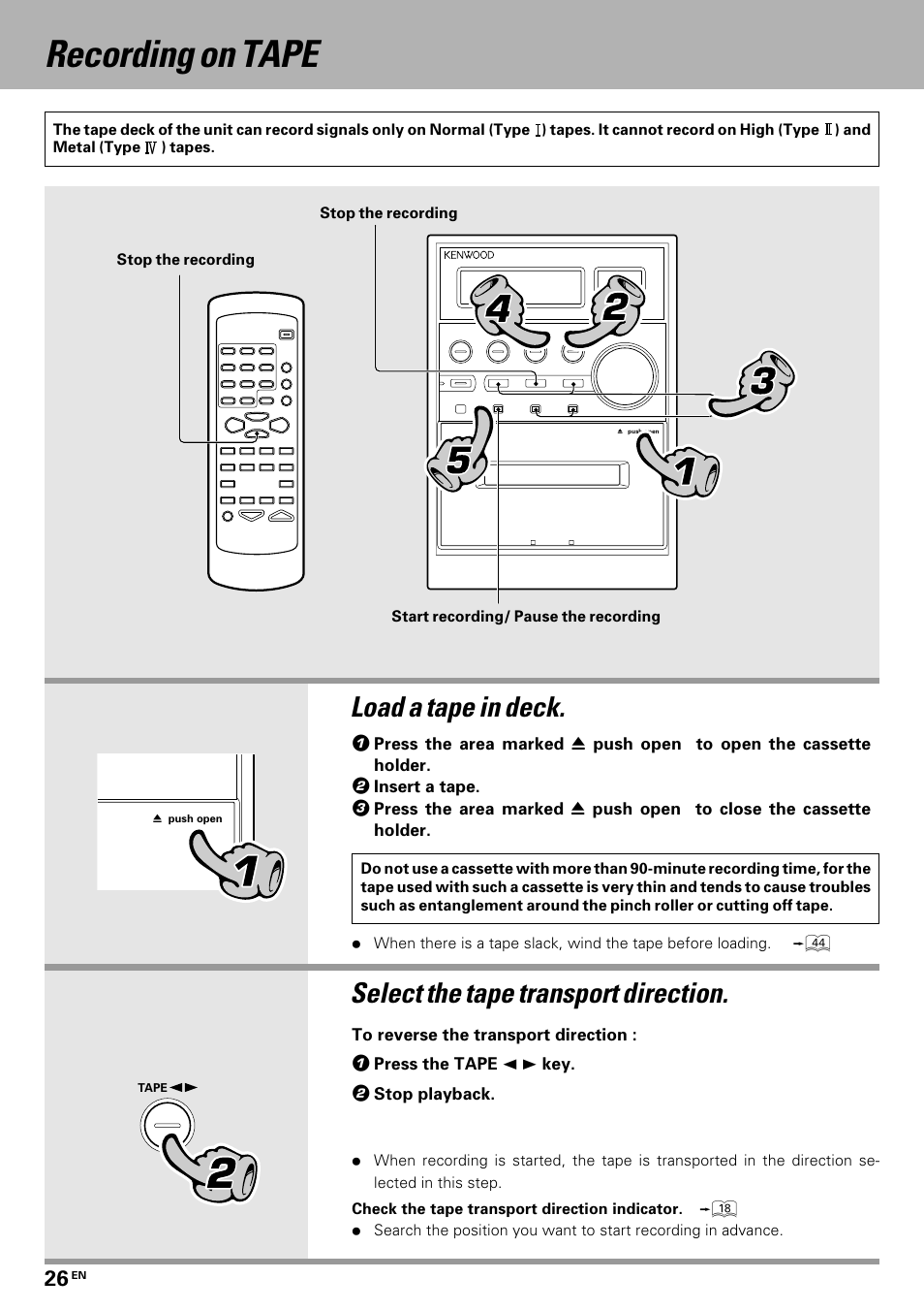 Recording on tape, Load a tape in deck, Select the tape transport direction | Kenwood HM-335 User Manual | Page 26 / 48