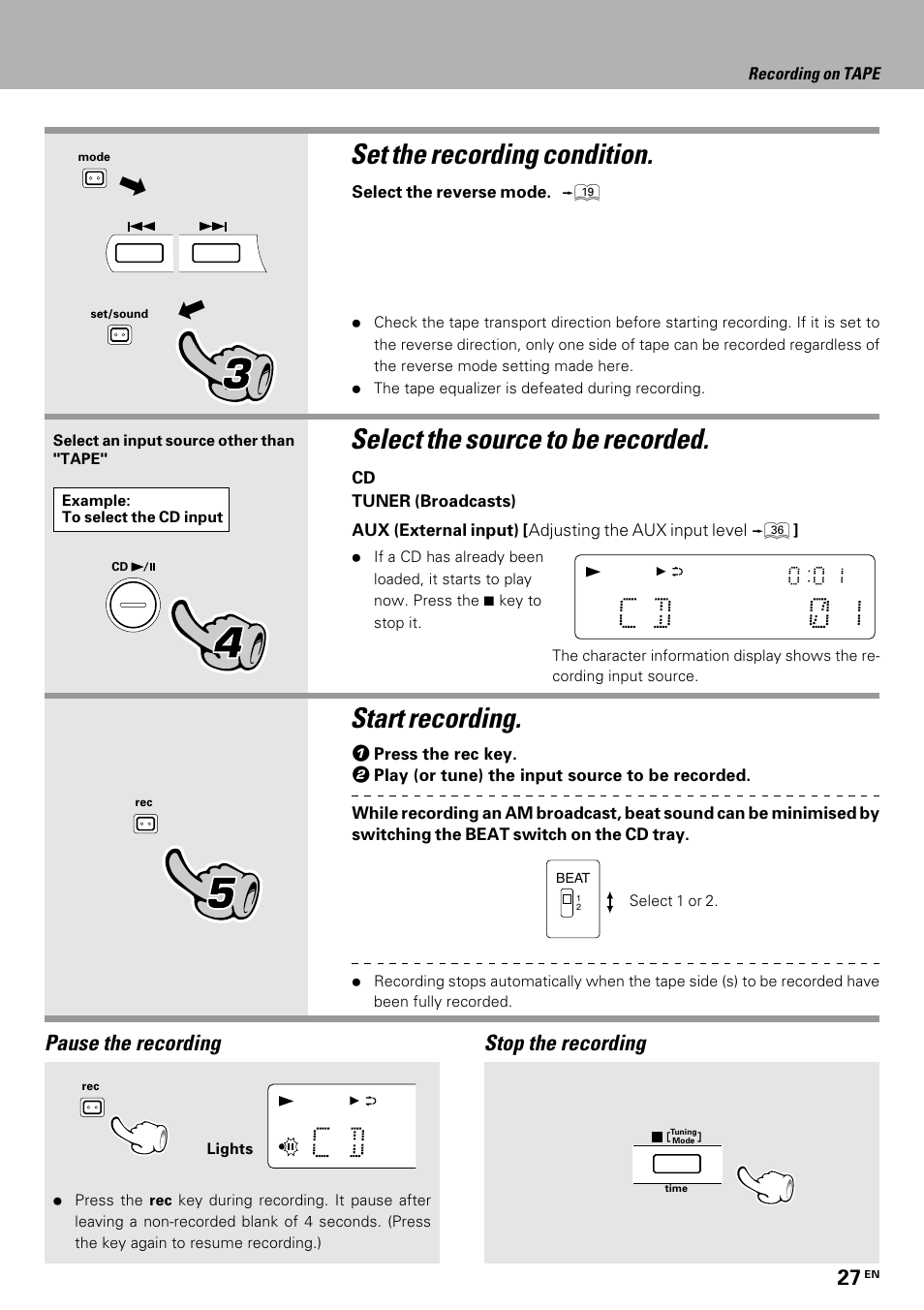 Start recording, Select the source to be recorded, Set the recording condition | Pause the recording, Stop the recording | Kenwood HM-335 User Manual | Page 27 / 48