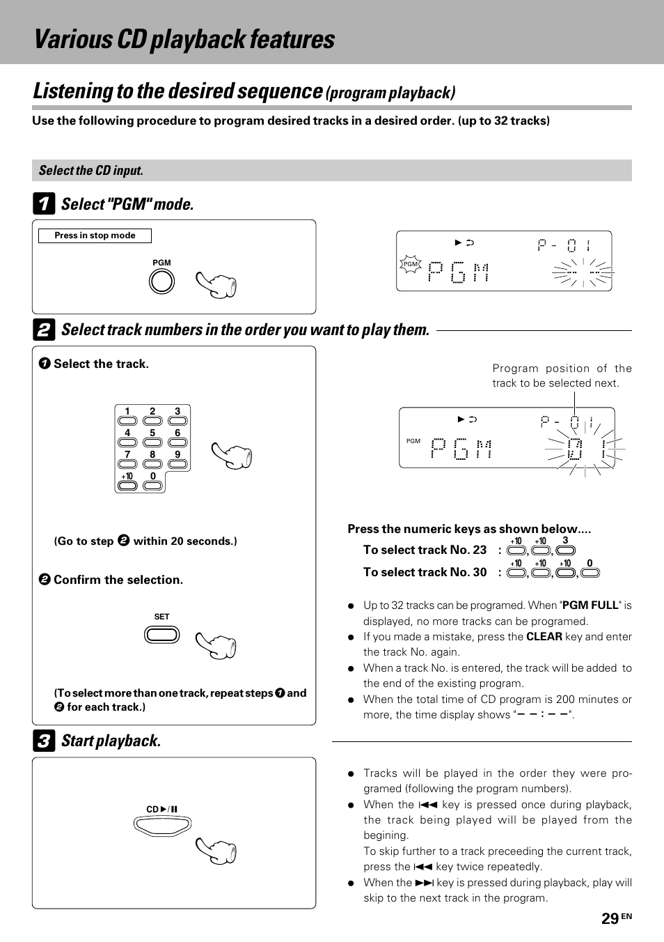 Application section, Various cd playback features, Listening to the desired sequence | Program playback) | Kenwood HM-335 User Manual | Page 29 / 48