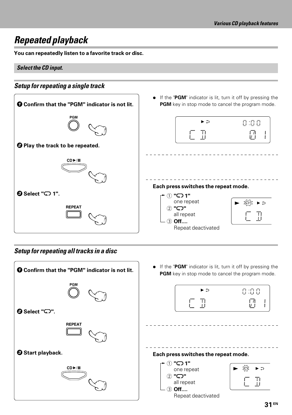 Repeated playback, Setup for repeating a single track, Setup for repeating all tracks in a disc | Kenwood HM-335 User Manual | Page 31 / 48