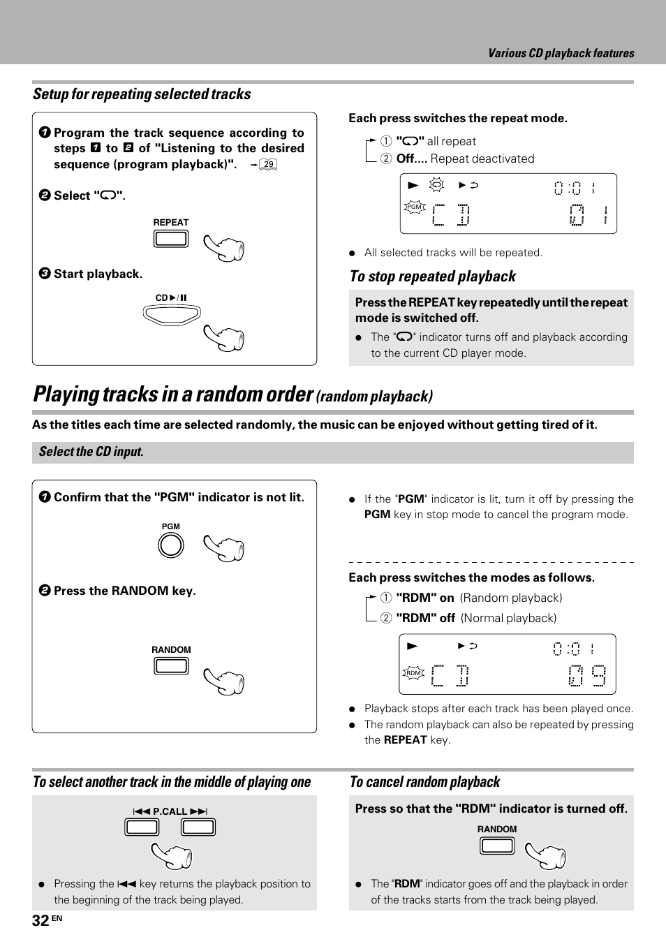 Playing tracks in a random order, Setup for repeating selected tracks, Random playback) | Kenwood HM-335 User Manual | Page 32 / 48