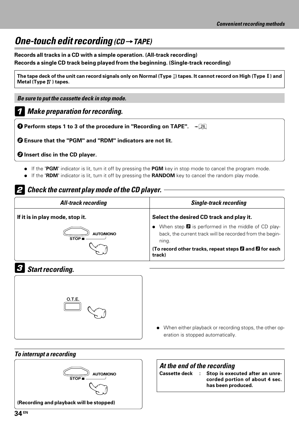 One-touch edit recording, Make preparation for recording, Check the current play mode of the cd player | Start recording, Cd = tape) | Kenwood HM-335 User Manual | Page 34 / 48