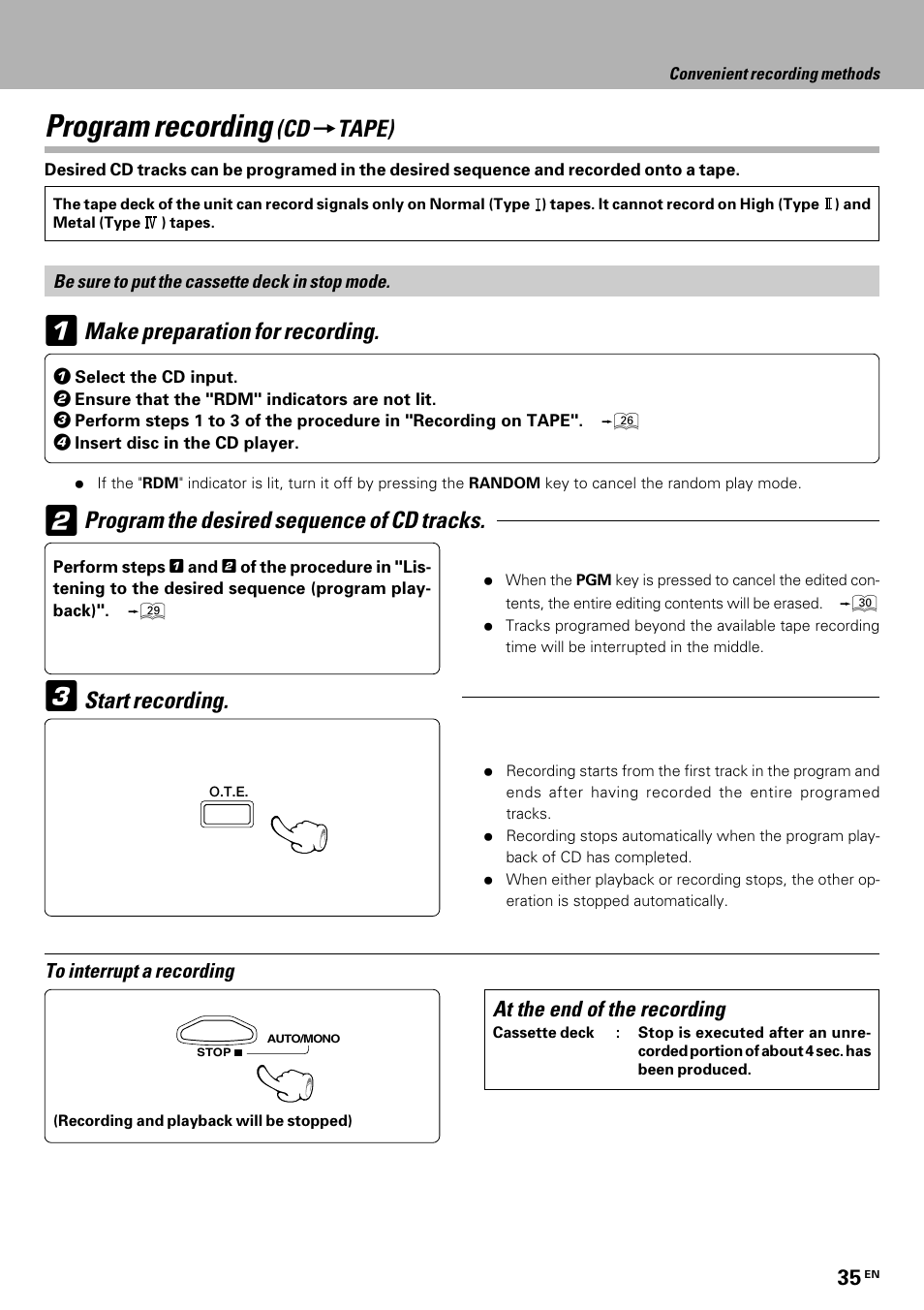 Program recording, Make preparation for recording, Start recording | Kenwood HM-335 User Manual | Page 35 / 48