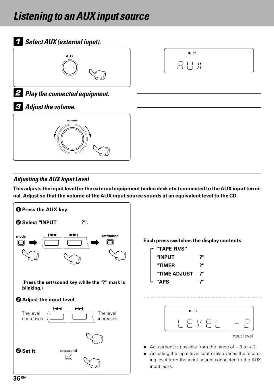 Listening to an aux input source | Kenwood HM-335 User Manual | Page 36 / 48