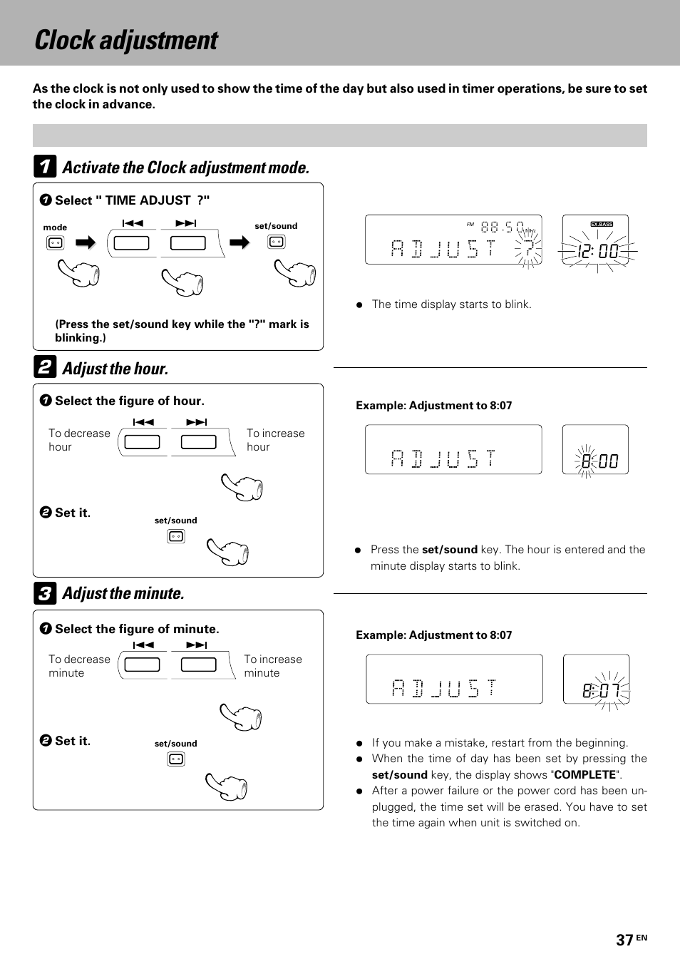 Clock adjustment, Adjust the hour, Activate the clock adjustment mode | Adjust the minute | Kenwood HM-335 User Manual | Page 37 / 48