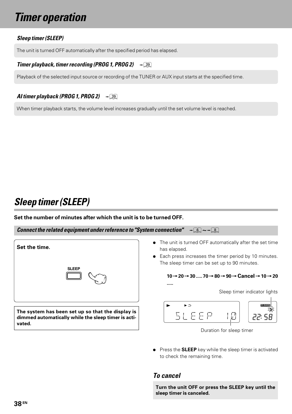 Timer operation, Sleep timer (sleep) | Kenwood HM-335 User Manual | Page 38 / 48