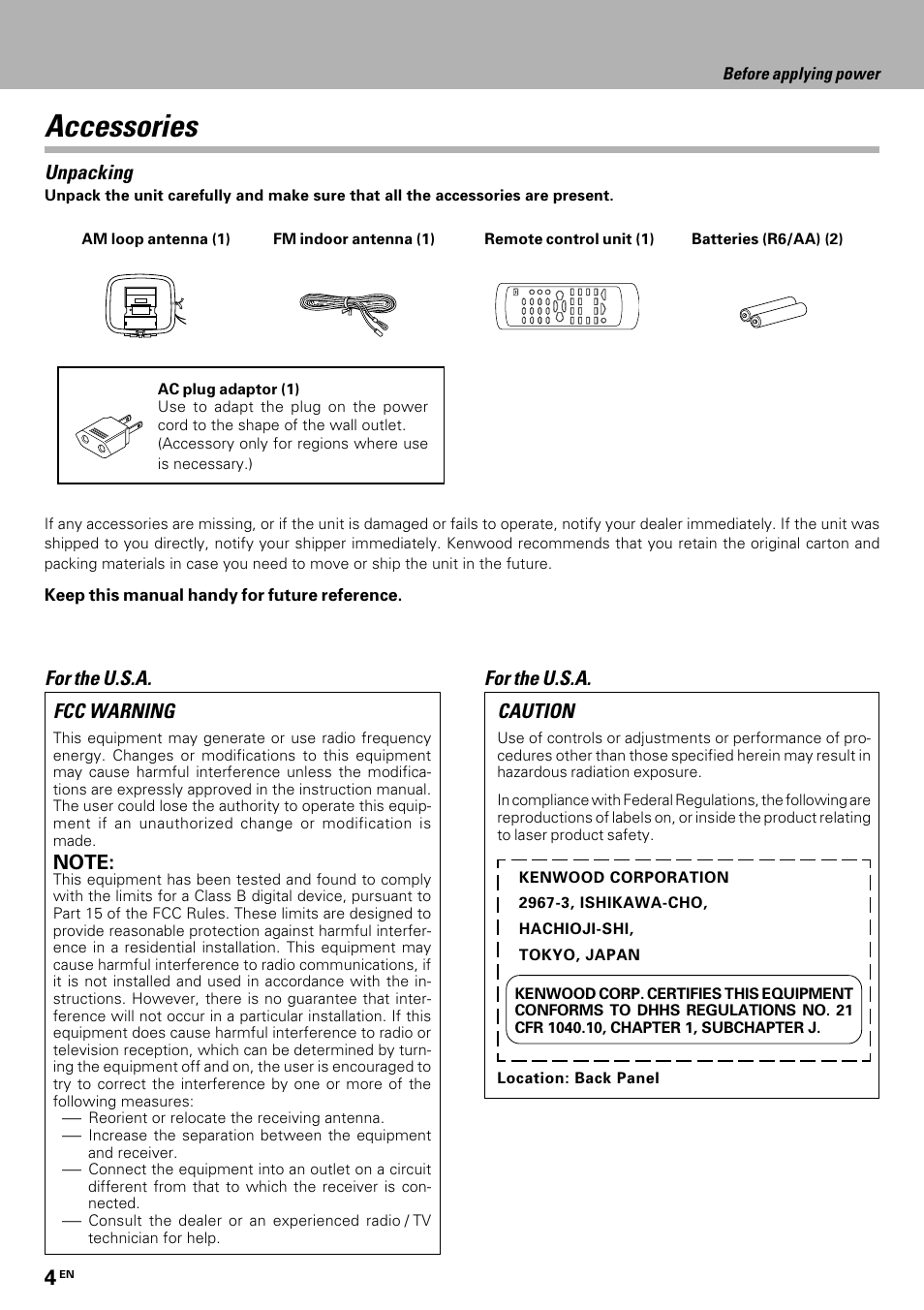 Accessories, Unpacking, Fcc warning for the u.s.a | For the u.s.a. caution | Kenwood HM-335 User Manual | Page 4 / 48