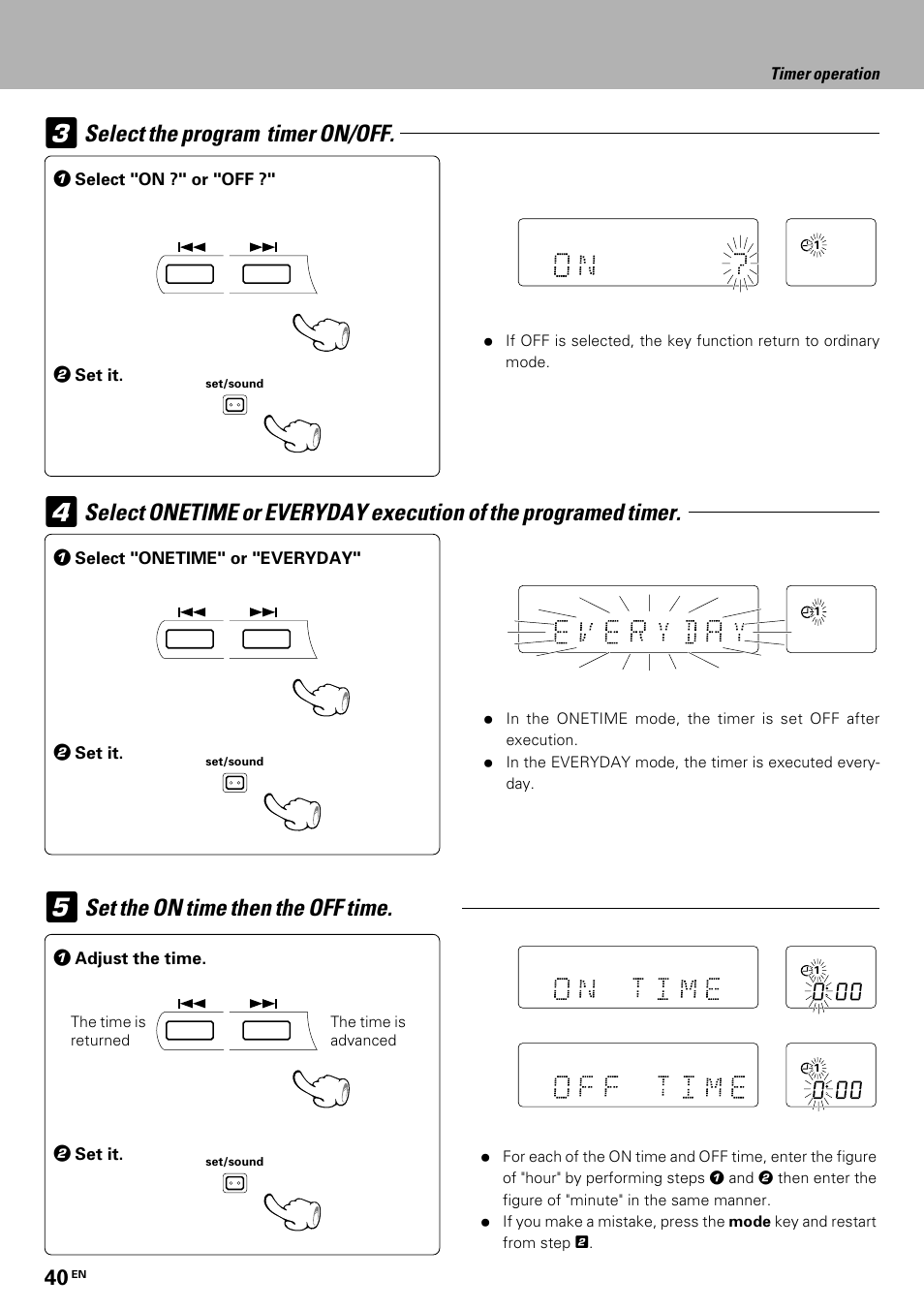 Select the program timer on/off, Set the on time then the off time | Kenwood HM-335 User Manual | Page 40 / 48