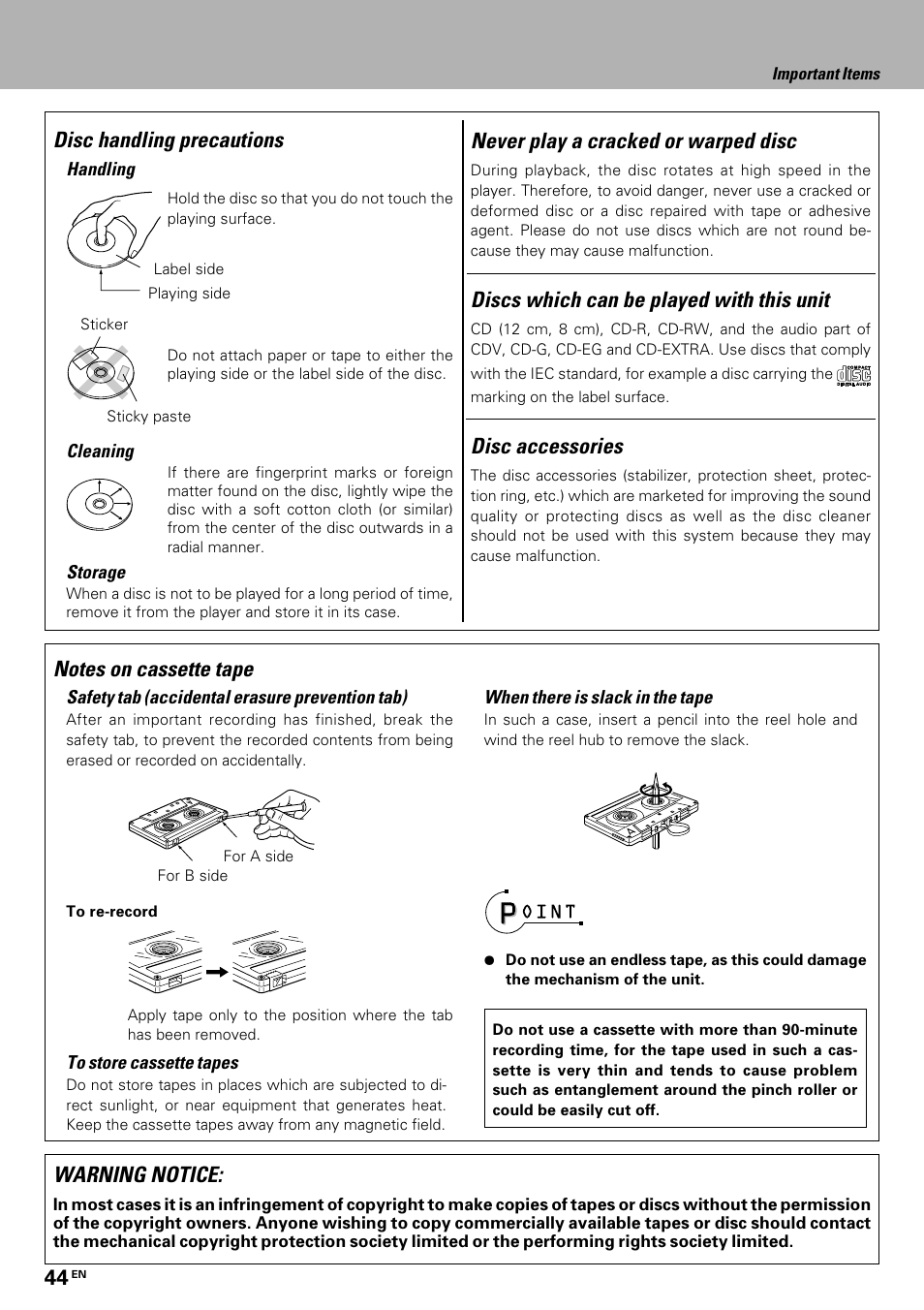 Disc handling precautions, Warning notice, Discs which can be played with this unit | Never play a cracked or warped disc, Disc accessories | Kenwood HM-335 User Manual | Page 44 / 48