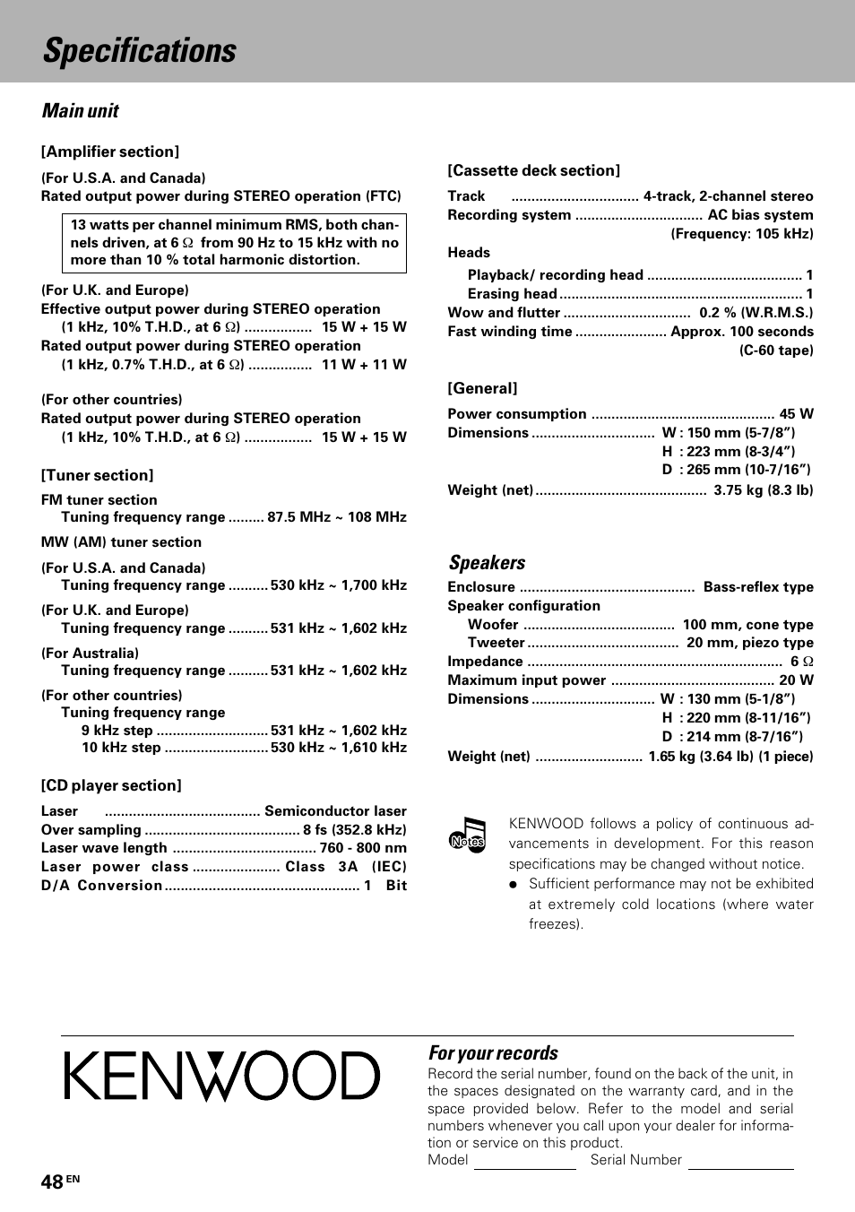 Specifications, Main unit, Speakers for your records | Kenwood HM-335 User Manual | Page 48 / 48