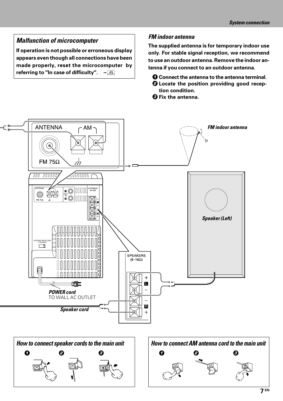 How to connect am antenna cord to the main unit, Fm indoor antenna, Antenna am | Kenwood HM-335 User Manual | Page 7 / 48