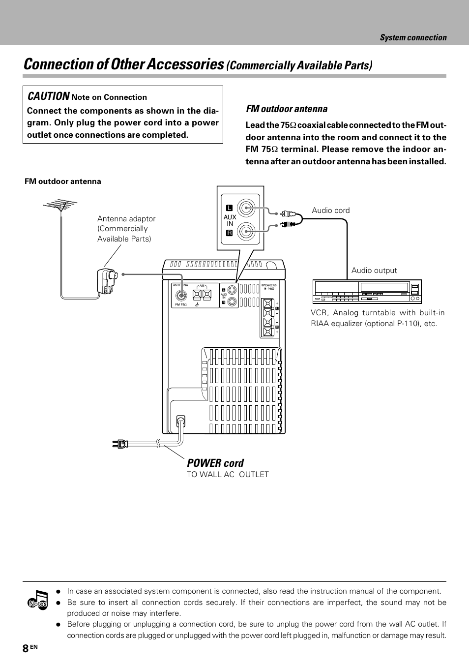 Connection of other accessories, Commercially available parts), Caution | Power cord, Fm outdoor antenna | Kenwood HM-335 User Manual | Page 8 / 48