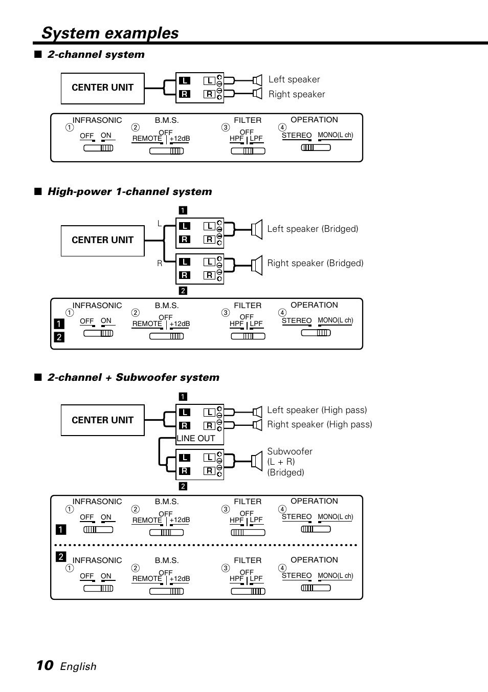 System examples, English, Channel system ■ high-power 1-channel system | Channel + subwoofer system | Kenwood PS520 User Manual | Page 10 / 38