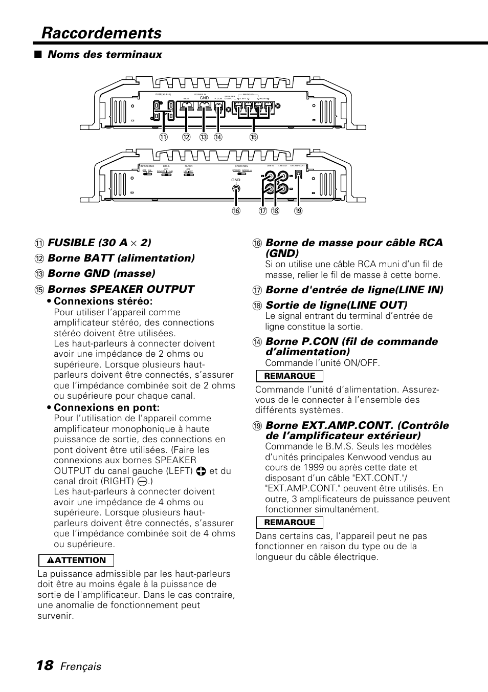 Raccordements, Frençais, Connexions en pont | Borne de masse pour câble rca (gnd), Borne p.con (fil de commande d’alimentation), Noms des terminaux | Kenwood PS520 User Manual | Page 18 / 38