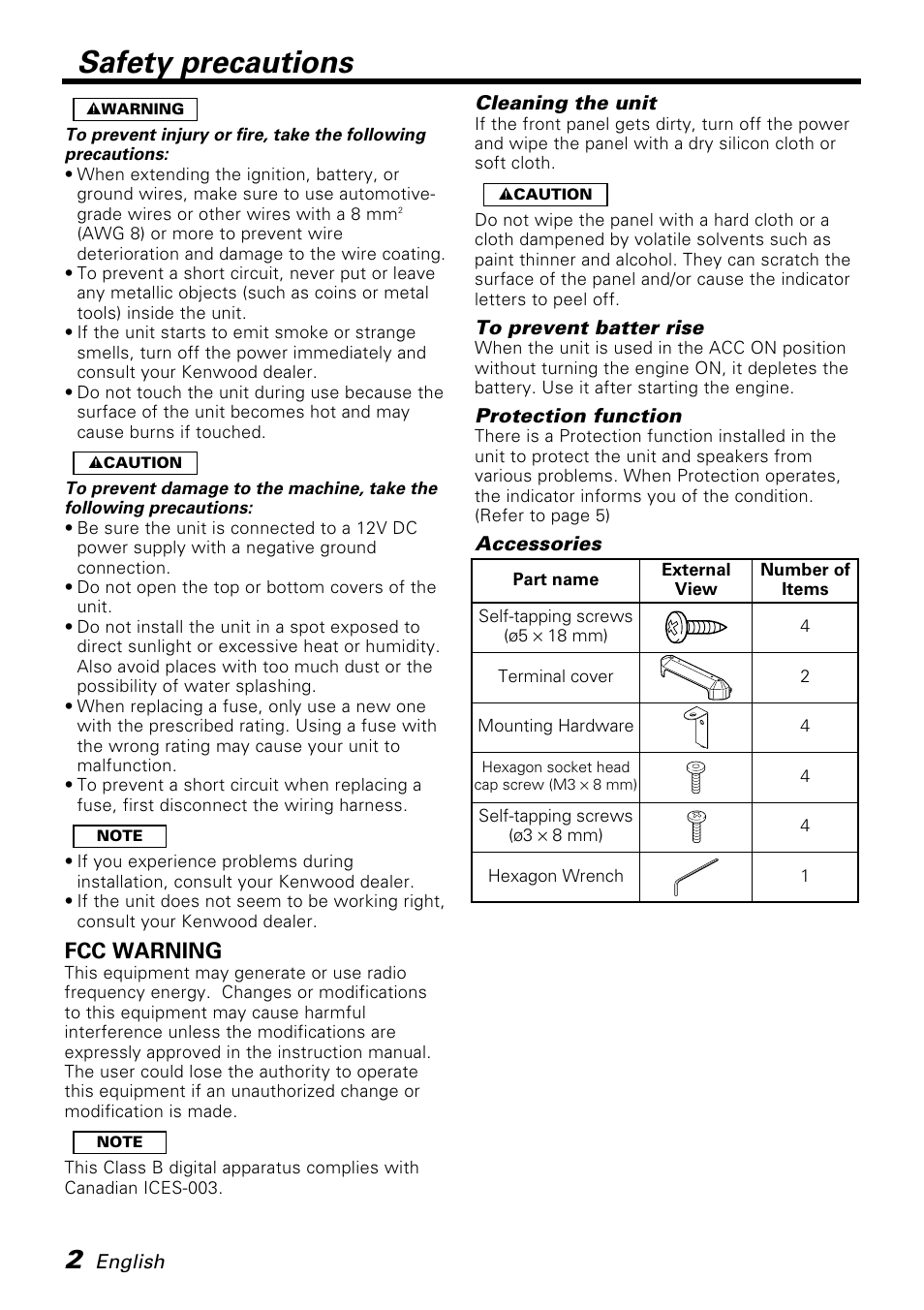 Safety precautions, Fcc warning | Kenwood PS520 User Manual | Page 2 / 38