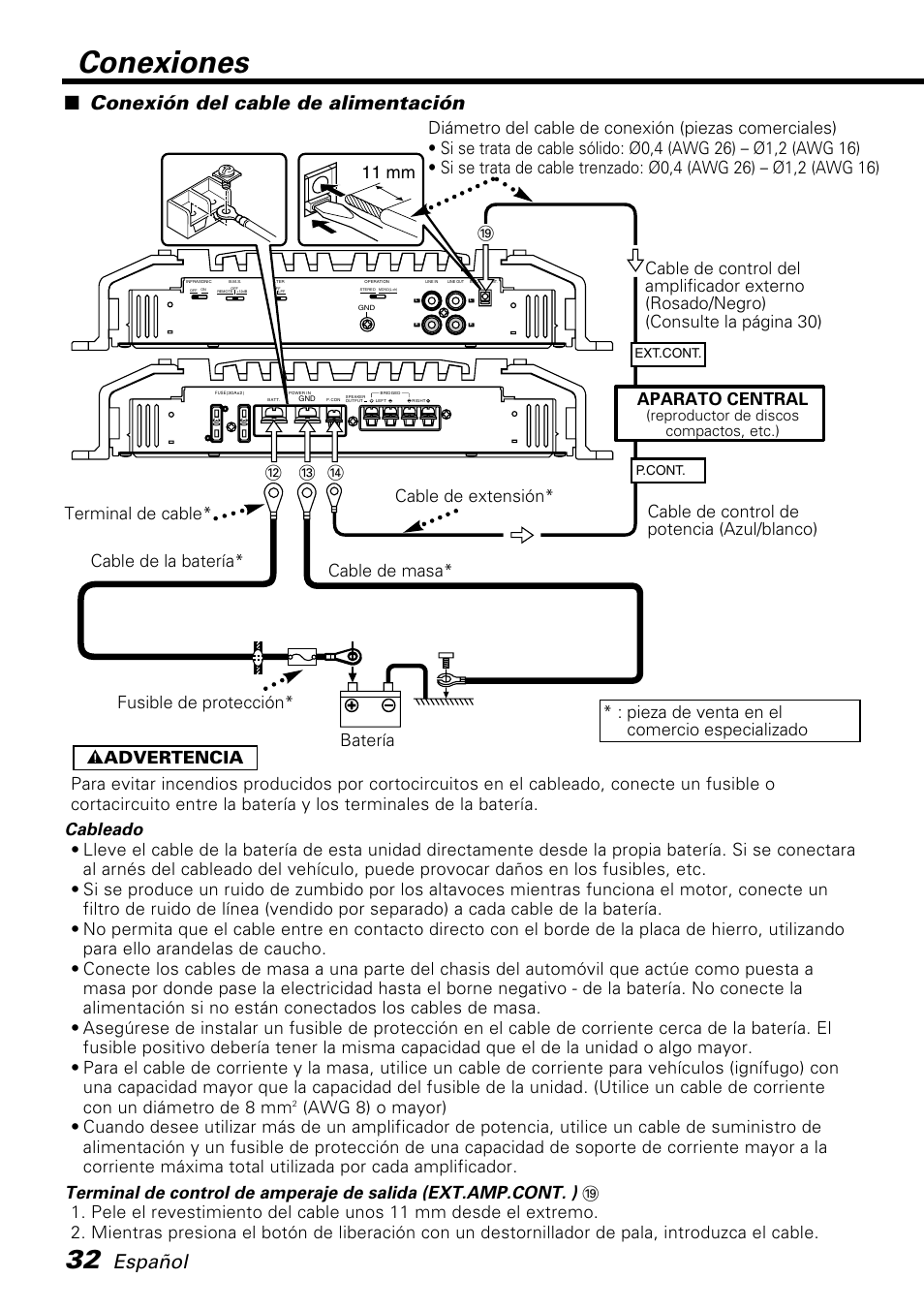 Conexiones, Español, Conexión del cable de alimentación | 11 mm | Kenwood PS520 User Manual | Page 32 / 38