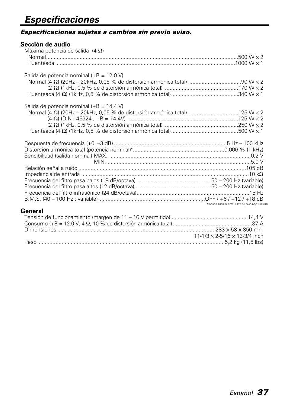 Especificaciones | Kenwood PS520 User Manual | Page 37 / 38