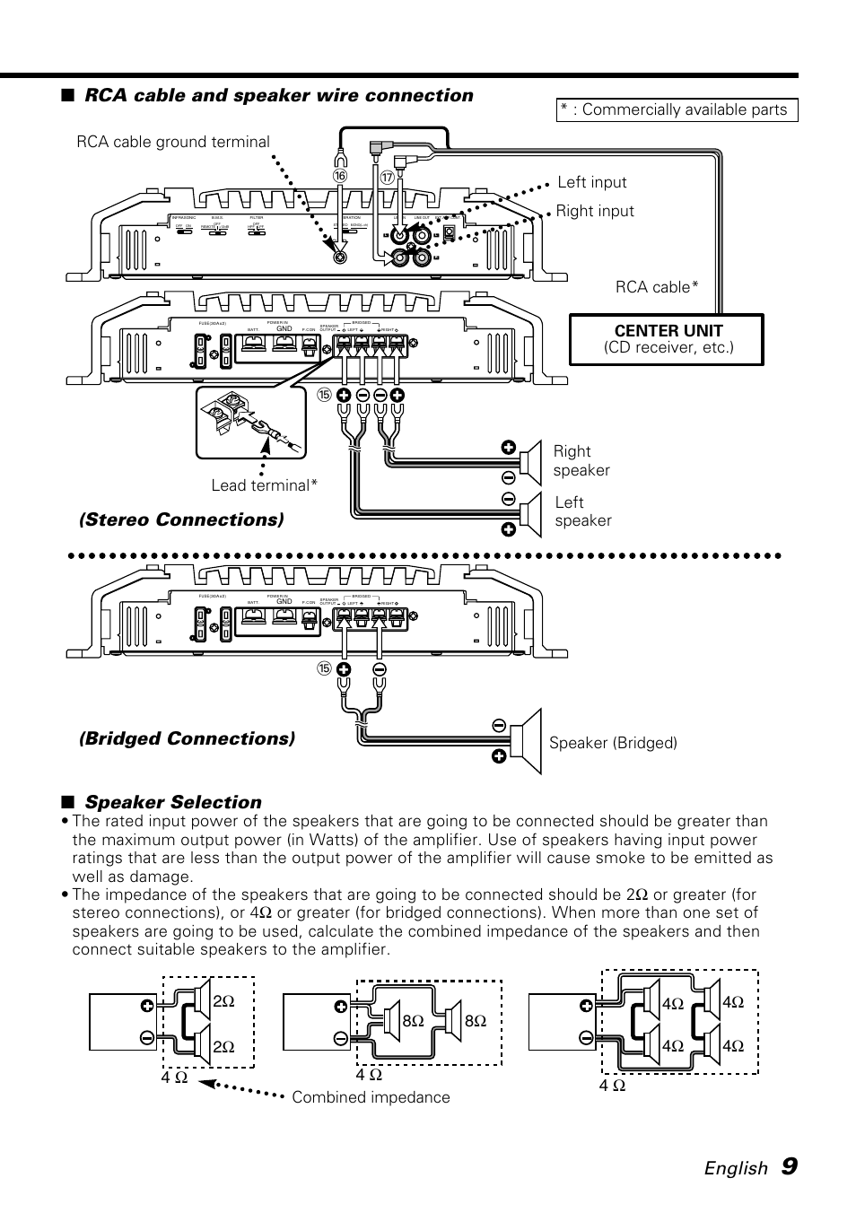 English, Rca cable and speaker wire connection, Speaker selection | Stereo connections), Bridged connections), Rca cable* lead terminal, Left speaker right speaker, Speaker (bridged) | Kenwood PS520 User Manual | Page 9 / 38