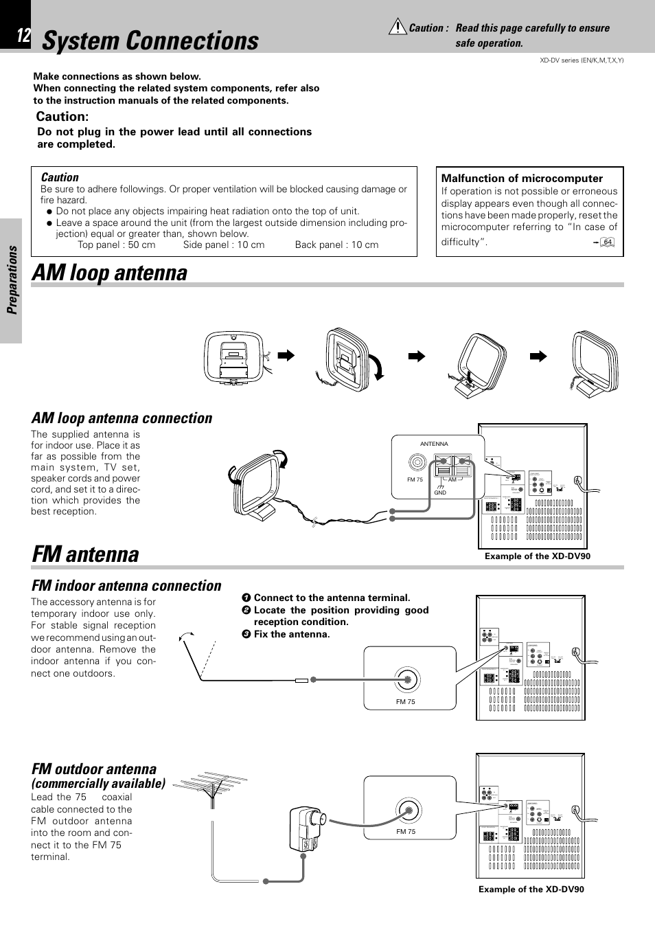 System connections, Am loop antenna fm antenna, Am loop antenna connection | Fm indoor antenna connection, Fm outdoor antenna, Preparations, Caution, Commercially available), Malfunction of microcomputer | Kenwood XD-A850DV User Manual | Page 12 / 72