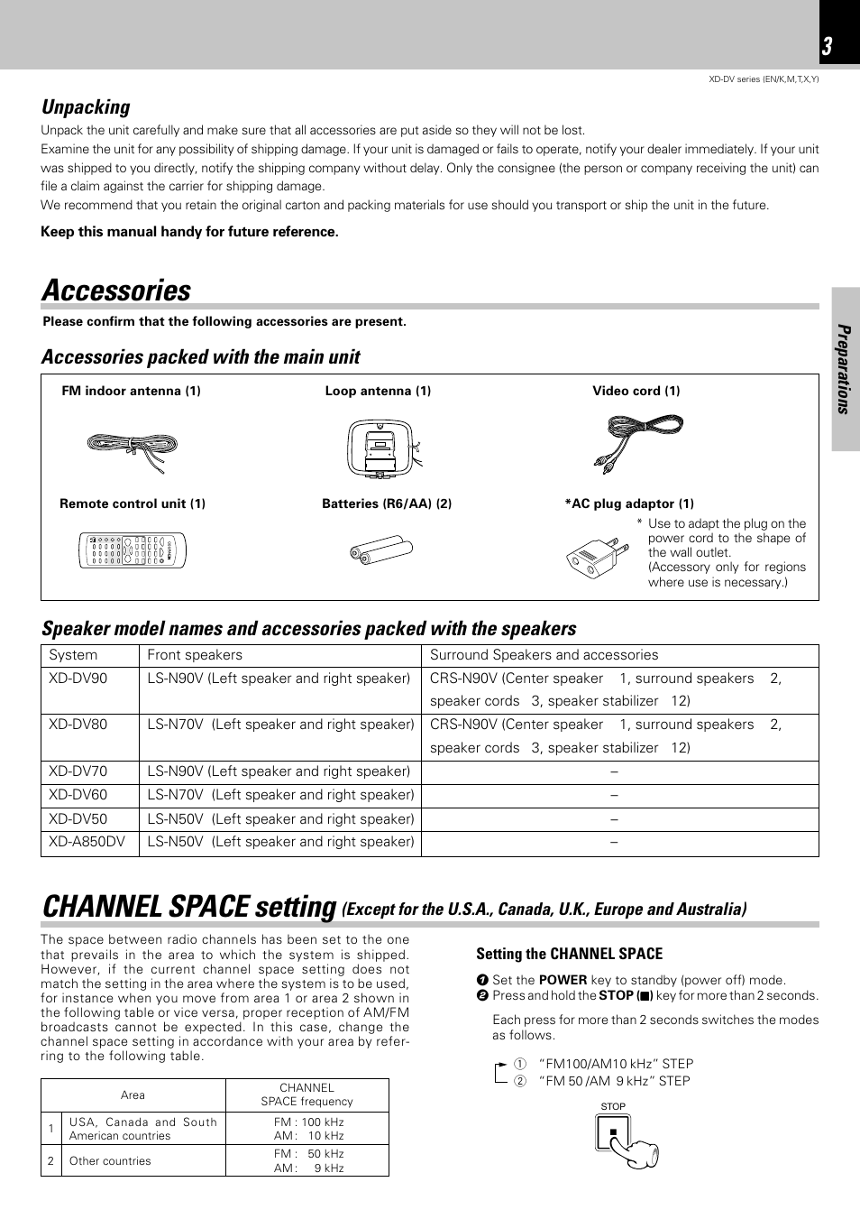Accessories, Channel space setting, Unpacking | Kenwood XD-A850DV User Manual | Page 3 / 72