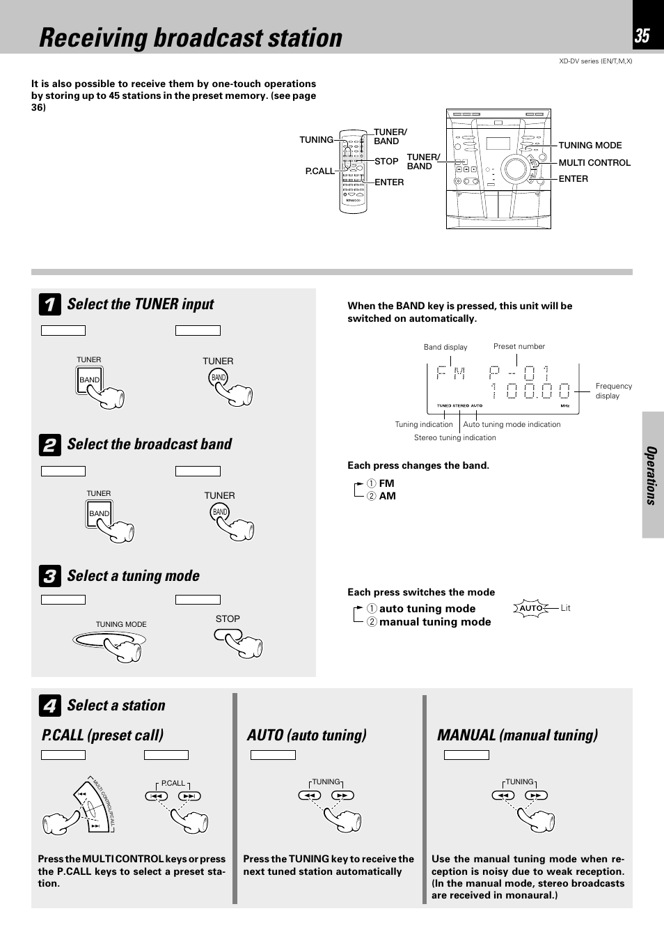 Receiving broadcast station, Select the tuner input, Select the broadcast band | Select a tuning mode, Select a station, Operations | Kenwood XD-A850DV User Manual | Page 35 / 72