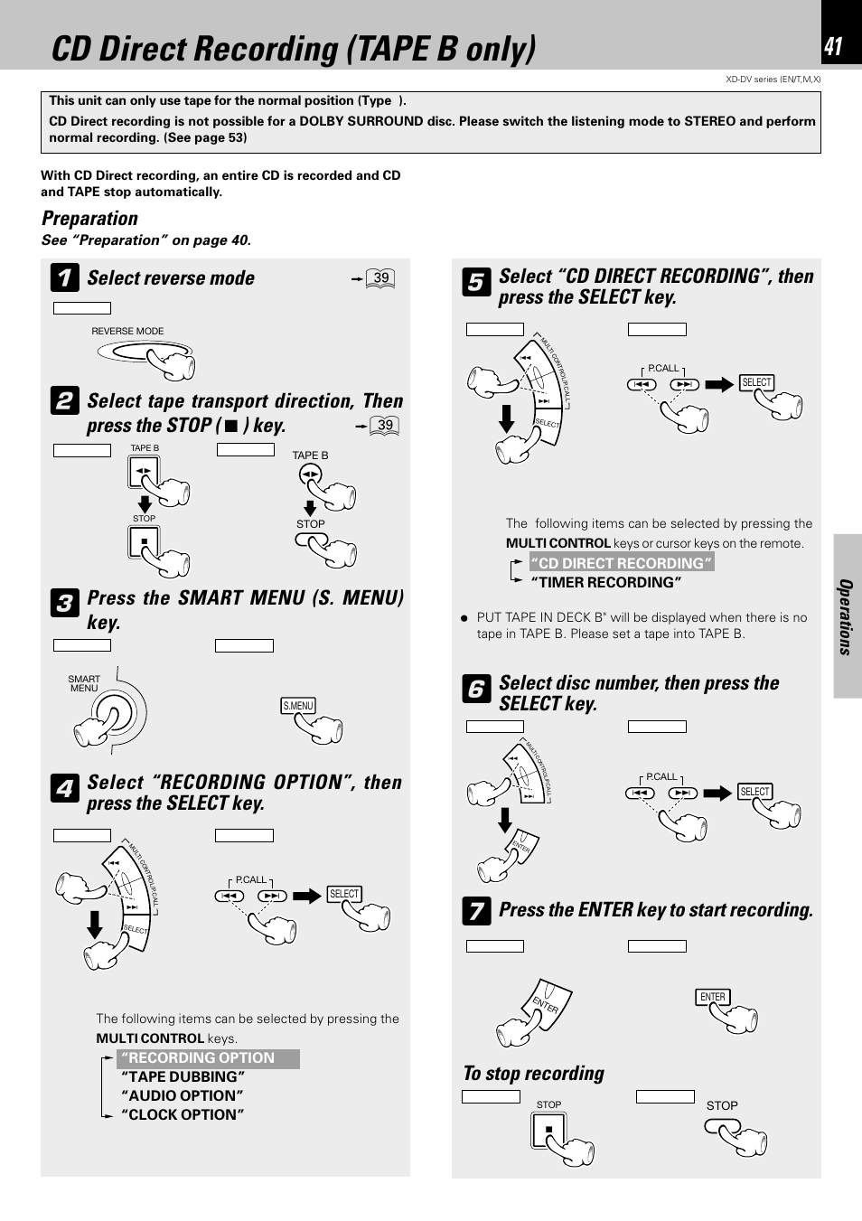 Cd direct recording (tape b only), Preparation, Press the smart menu (s. menu) key | Select disc number, then press the select key, Press the enter key to start recording, Operations, See “preparation” on page 40, Cd direct recording” “timer recording | Kenwood XD-A850DV User Manual | Page 41 / 72