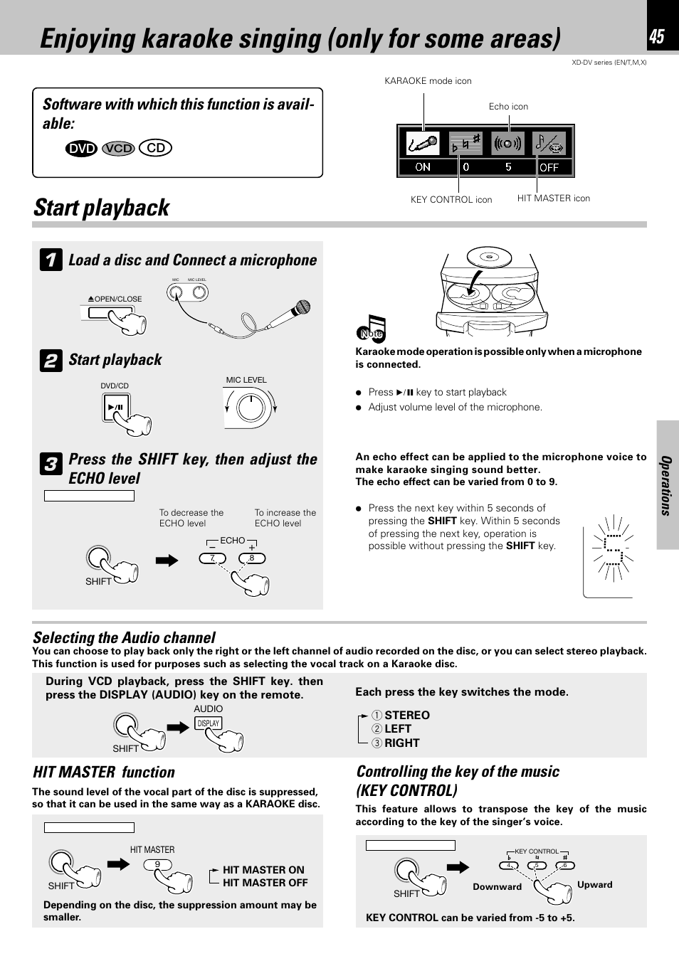 Enjoying karaoke singing (only for some areas), Start playback, Software with which this function is avail- able | Load a disc and connect a microphone, Press the shift key, then adjust the echo level, Selecting the audio channel, Operations | Kenwood XD-A850DV User Manual | Page 45 / 72