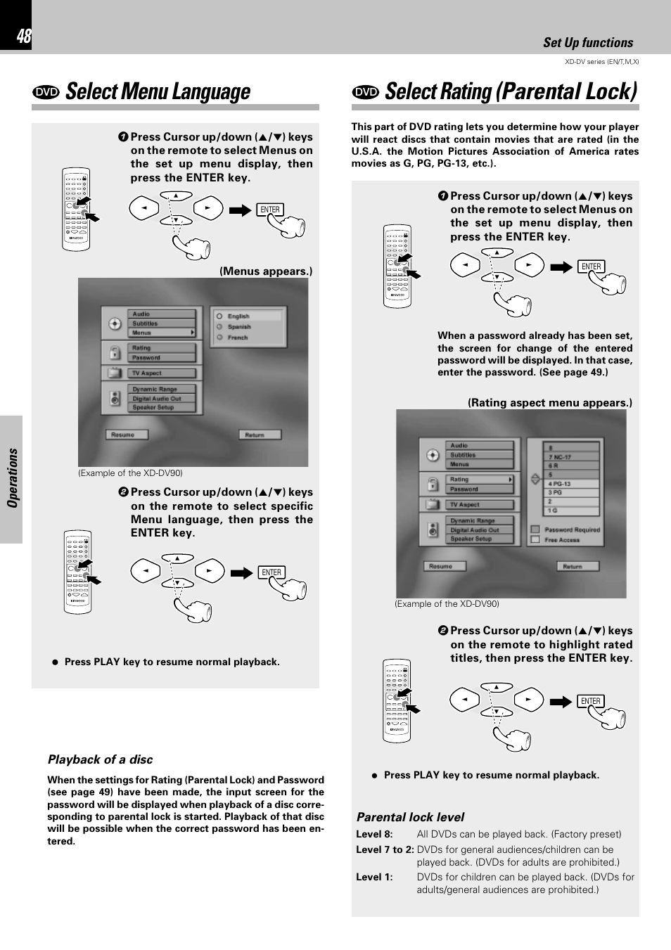 Select menu language, Select rating (parental lock), Operations | Set up functions, Parental lock level, Playback of a disc | Kenwood XD-A850DV User Manual | Page 48 / 72