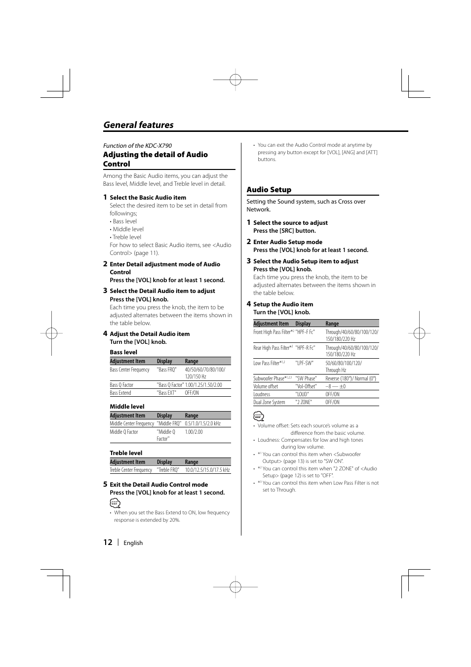 General features, Adjusting the detail of audio control, Audio setup | Kenwood KDC-MP732 User Manual | Page 12 / 64