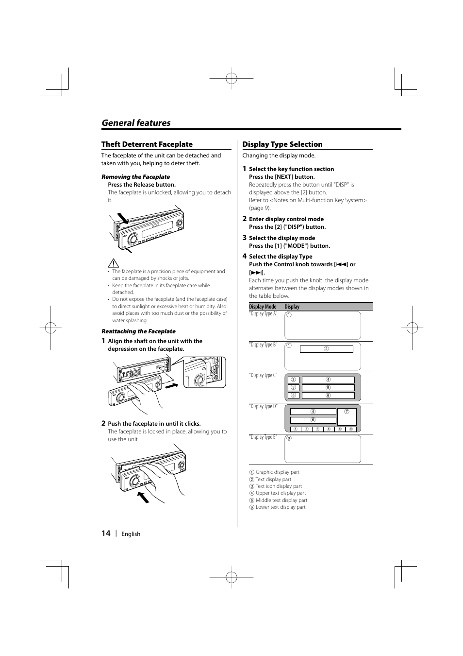 General features, Theft deterrent faceplate, Display type selection | Kenwood KDC-MP732 User Manual | Page 14 / 64