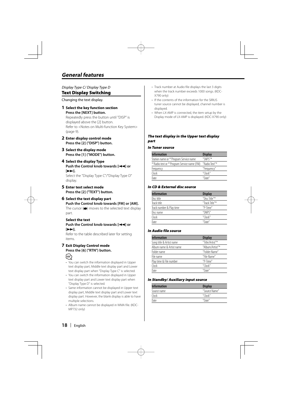 General features, Text display switching | Kenwood KDC-MP732 User Manual | Page 18 / 64