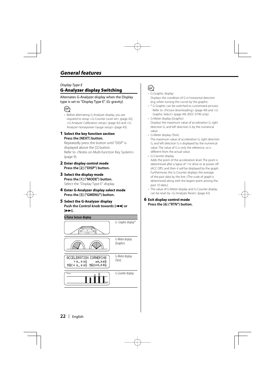 General features, G-analyzer display switching | Kenwood KDC-MP732 User Manual | Page 22 / 64