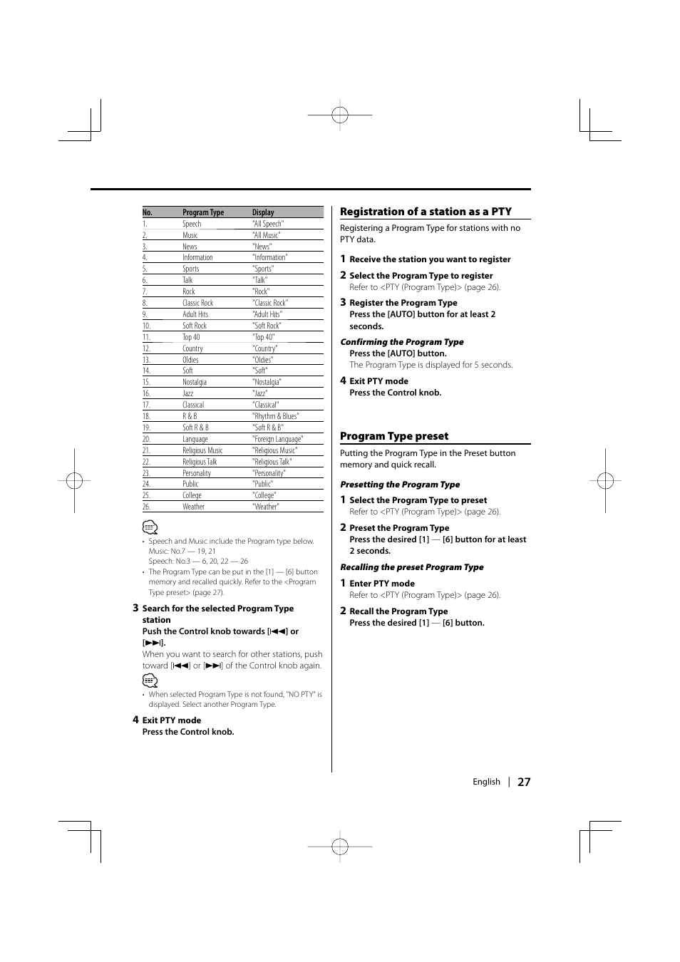 Registration of a station as a pty, Program type preset | Kenwood KDC-MP732 User Manual | Page 27 / 64