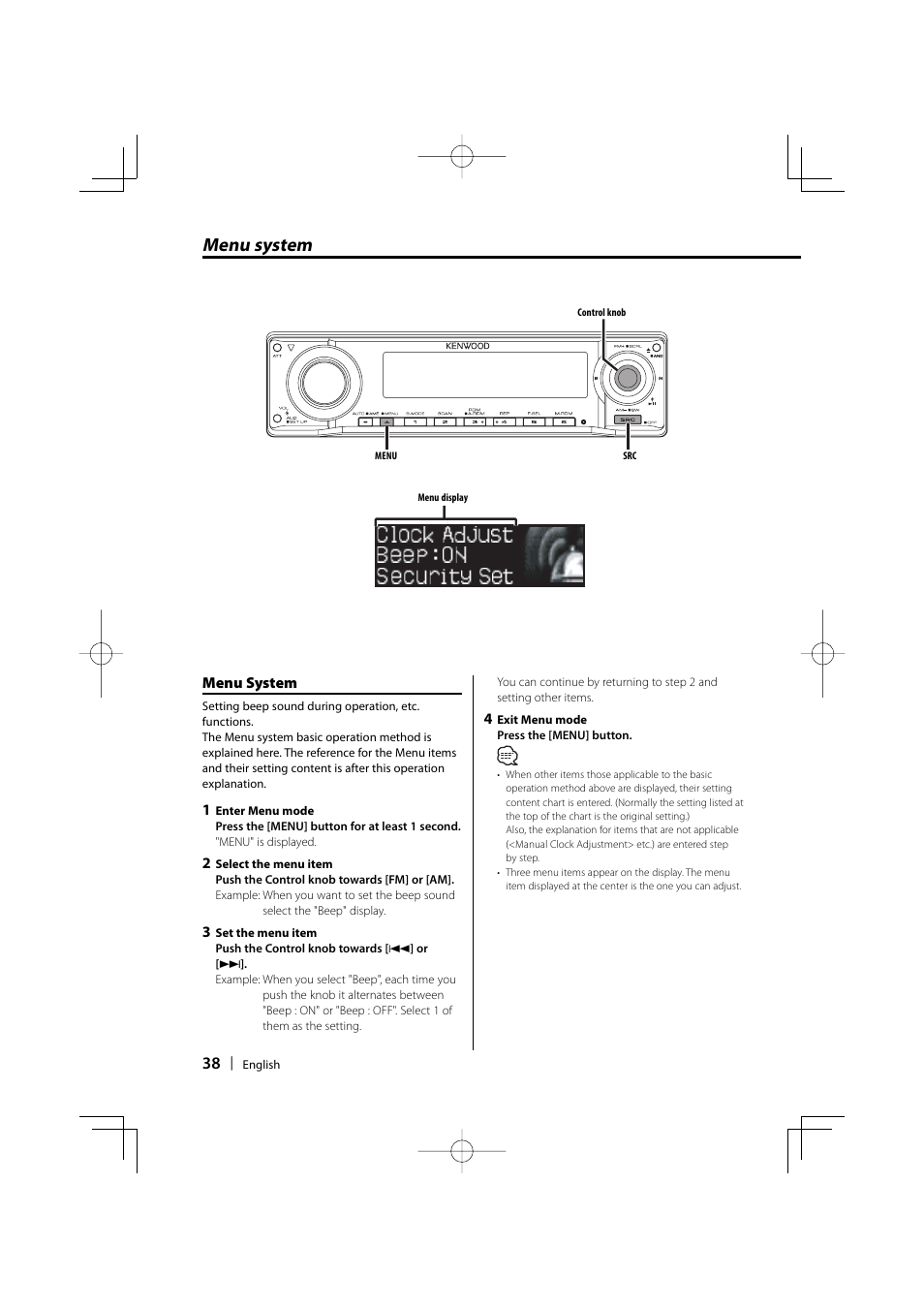 Menu system | Kenwood KDC-MP732 User Manual | Page 38 / 64